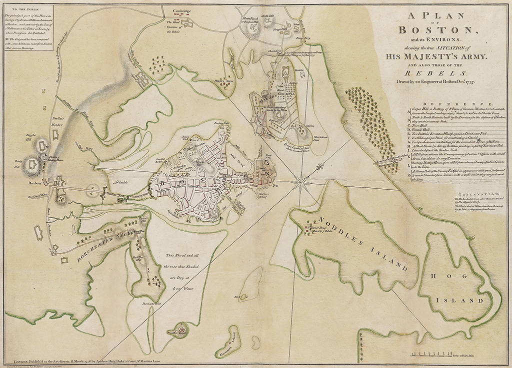 (AMERICAN REVOLUTION.) A Plan of Boston and its Environs shewing the true Situation of His Majestys Army, and also those of the Rebels
